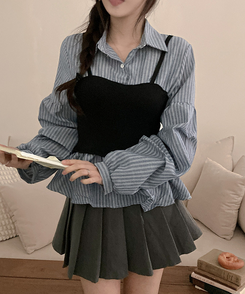 바인드 스트라이프 퍼프 뷔스티에 일체형 블라우스 셔츠 소라