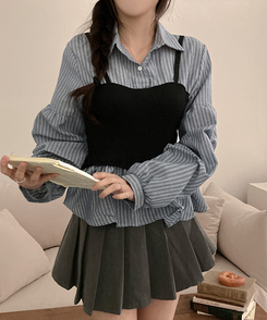 바인드 스트라이프 퍼프 뷔스티에 일체형 블라우스 셔츠 소라