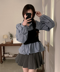 바인드 스트라이프 퍼프 뷔스티에 일체형 블라우스 셔츠 소라