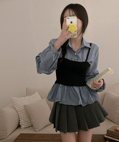 바인드 스트라이프 퍼프 뷔스티에 일체형 블라우스 셔츠 소라