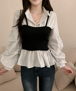 바인드 스트라이프 퍼프 뷔스티에 일체형 블라우스 셔츠 화이트