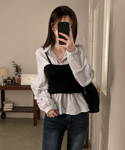 바인드 스트라이프 퍼프 뷔스티에 일체형 블라우스 셔츠 화이트