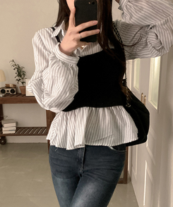 바인드 스트라이프 퍼프 뷔스티에 일체형 블라우스 셔츠 화이트