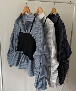 바인드 스트라이프 퍼프 뷔스티에 일체형 블라우스 셔츠