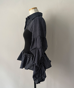 바인드 스트라이프 퍼프 뷔스티에 일체형 블라우스 셔츠