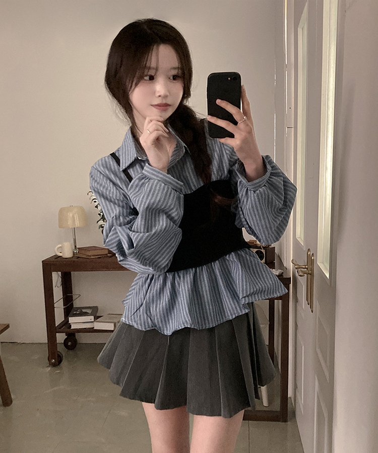 바인드 스트라이프 퍼프 뷔스티에 일체형 블라우스 셔츠 소라