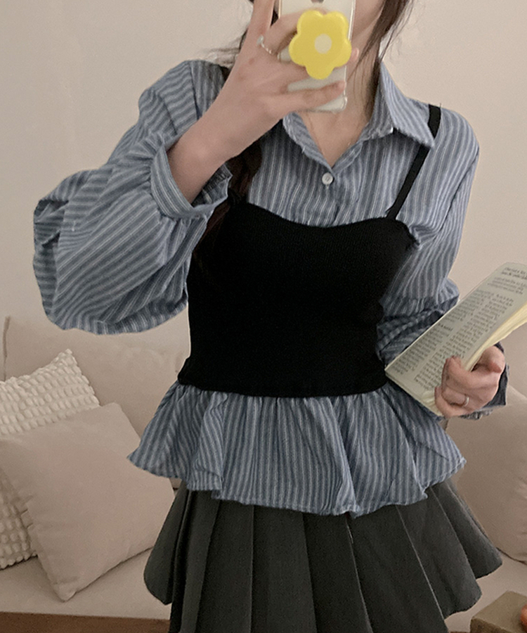 바인드 스트라이프 퍼프 뷔스티에 일체형 블라우스 셔츠 소라