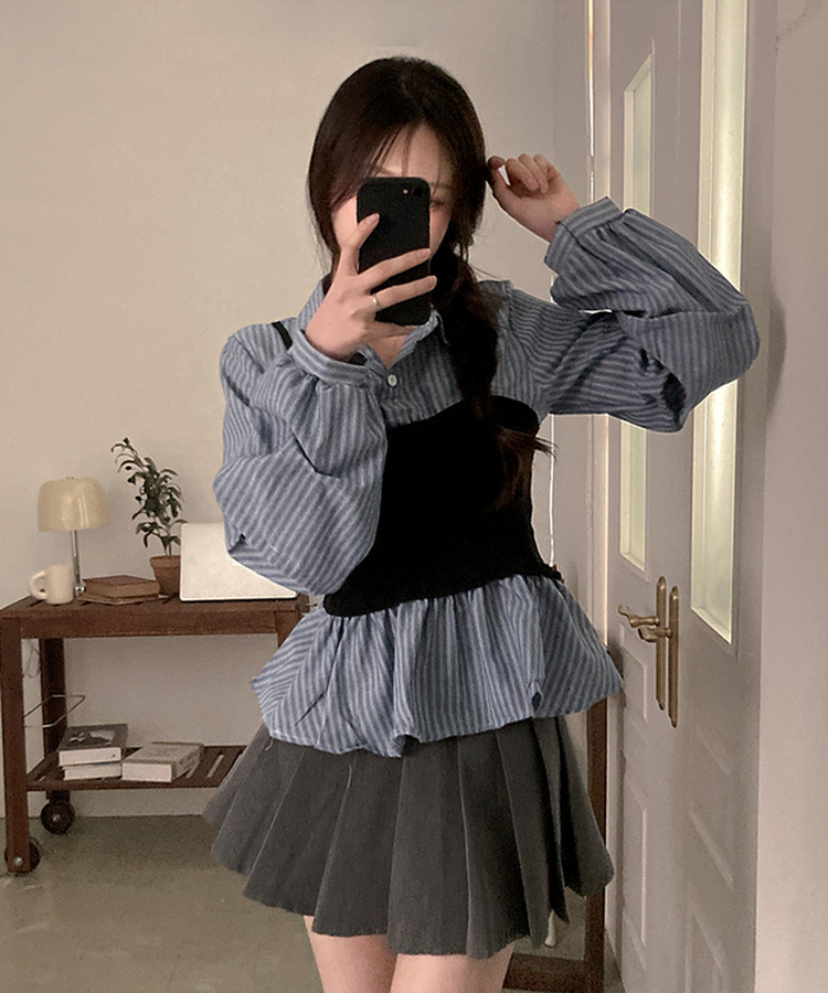 바인드 스트라이프 퍼프 뷔스티에 일체형 블라우스 셔츠 소라