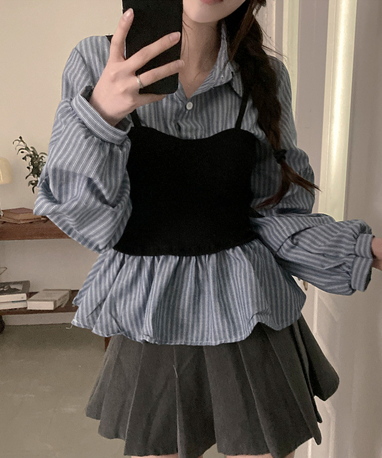 바인드 스트라이프 퍼프 뷔스티에 일체형 블라우스 셔츠 소라