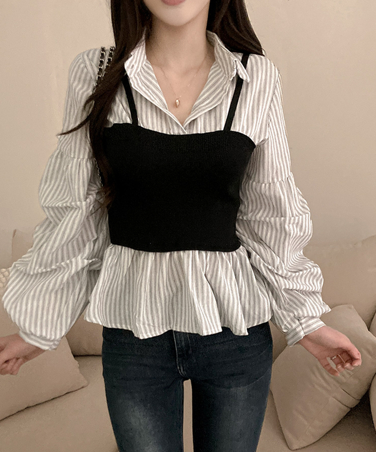 바인드 스트라이프 퍼프 뷔스티에 일체형 블라우스 셔츠 화이트