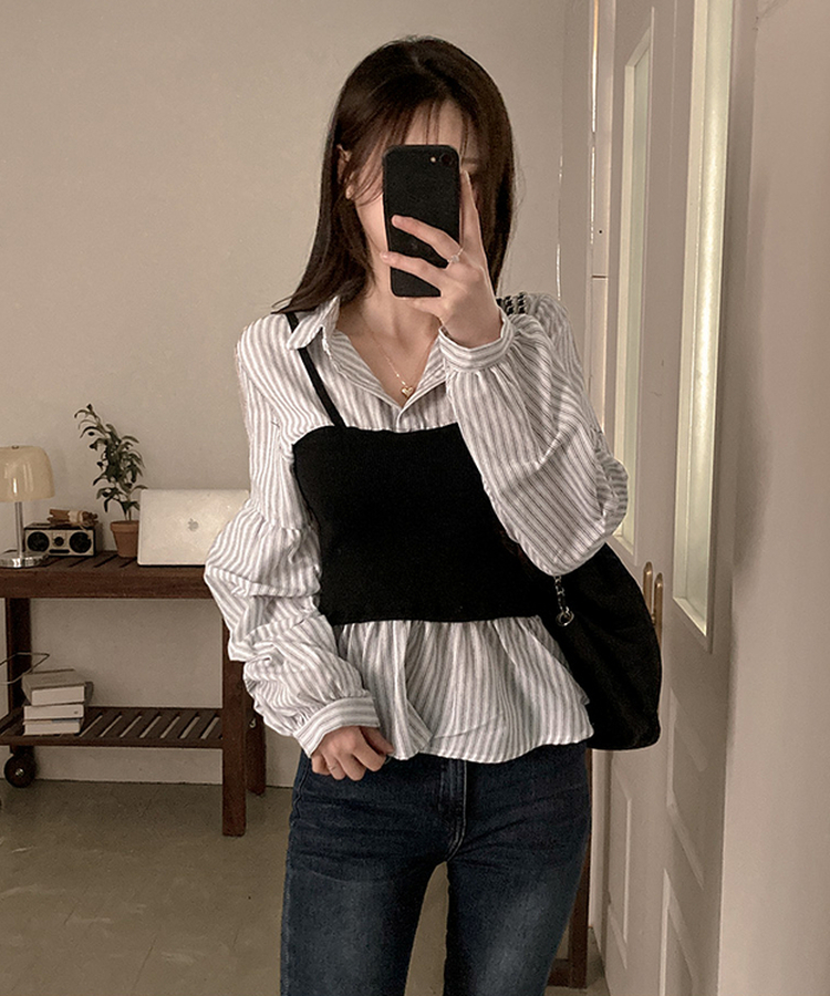 바인드 스트라이프 퍼프 뷔스티에 일체형 블라우스 셔츠 화이트