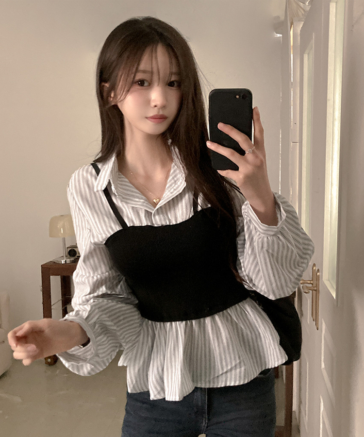 바인드 스트라이프 퍼프 뷔스티에 일체형 블라우스 셔츠 화이트