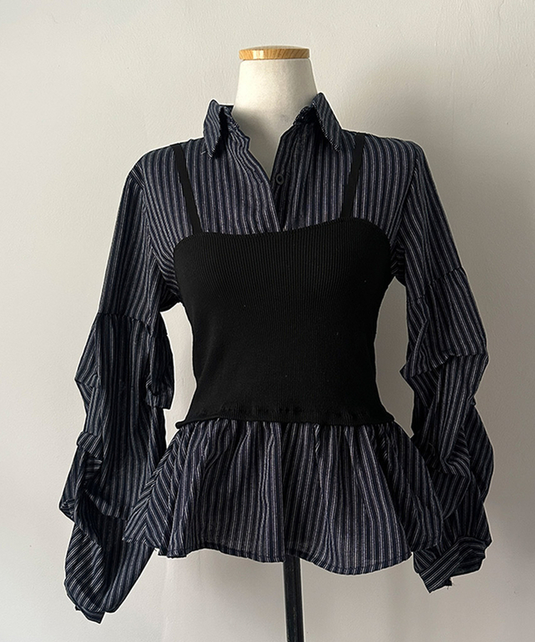 바인드 스트라이프 퍼프 뷔스티에 일체형 블라우스 셔츠