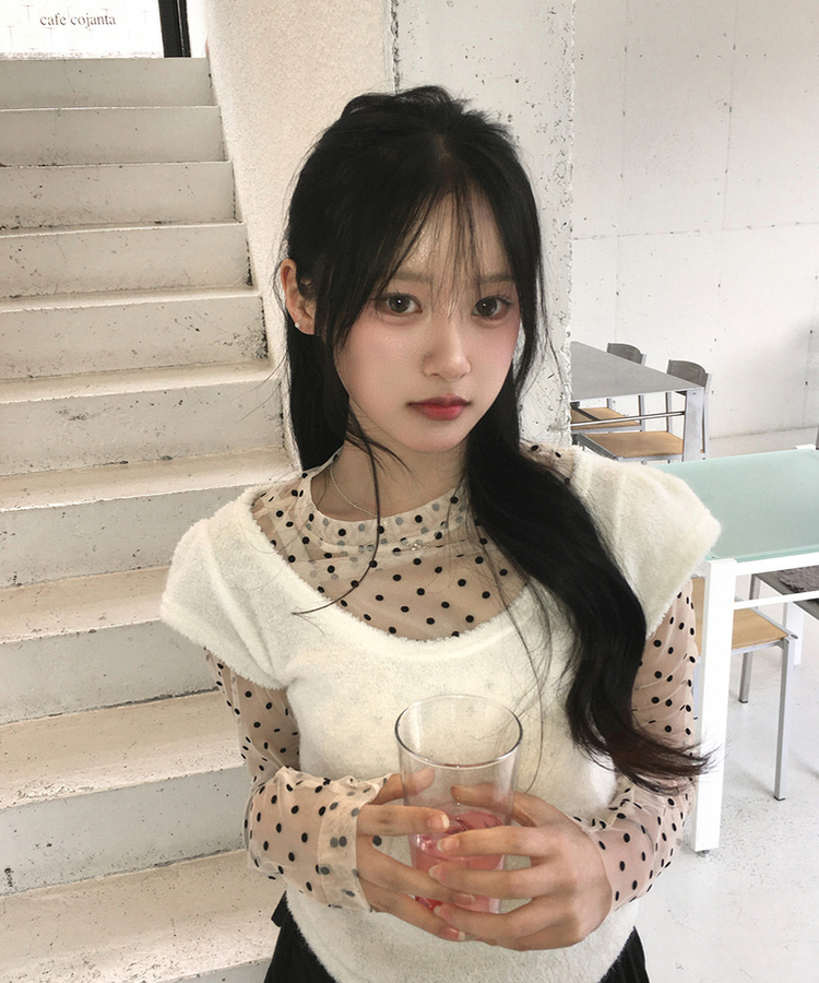 ドットシースルー長袖ブラウスTシャツ BEIGE