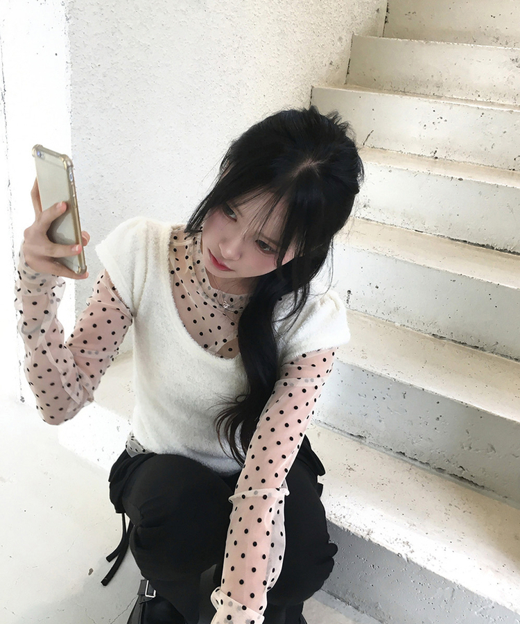 ドットシースルー長袖ブラウスTシャツ BEIGE