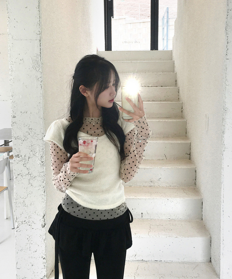 ドットシースルー長袖ブラウスTシャツ BEIGE