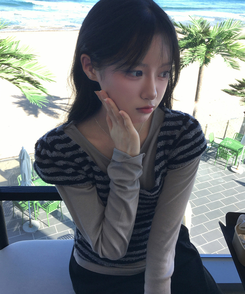 ブークレUネック半袖ニット STRIPE NAVY