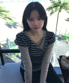 ブークレUネック半袖ニット STRIPE NAVY