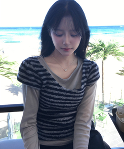 ブークレUネック半袖ニット STRIPE NAVY