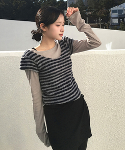 ブークレUネック半袖ニット STRIPE NAVY