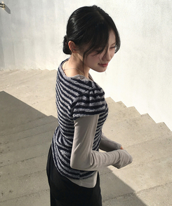 ブークレUネック半袖ニット STRIPE NAVY