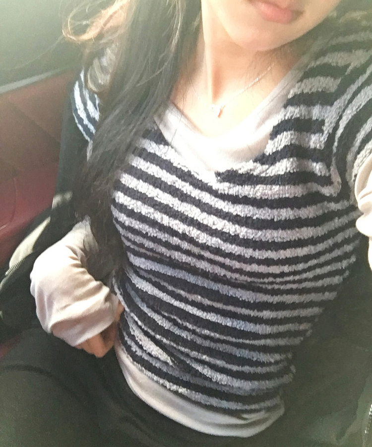 ブークレUネック半袖ニット STRIPE NAVY