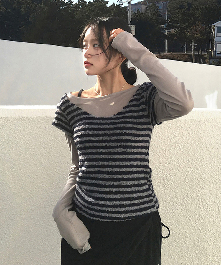 ブークレUネック半袖ニット STRIPE NAVY