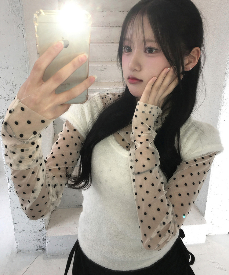 ブークレUネック半袖ニット IVORY