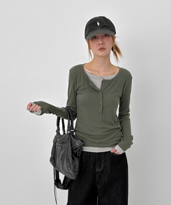 レイヤードヘンリーネック長袖Tシャツ KHAKI