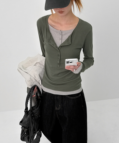 レイヤードヘンリーネック長袖Tシャツ KHAKI