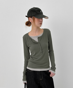 レイヤードヘンリーネック長袖Tシャツ KHAKI