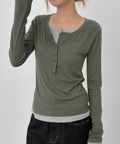 レイヤードヘンリーネック長袖Tシャツ KHAKI
