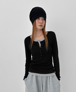 レイヤードヘンリーネック長袖Tシャツ BLACK