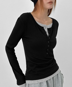 レイヤードヘンリーネック長袖Tシャツ BLACK