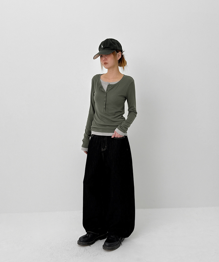 レイヤードヘンリーネック長袖Tシャツ KHAKI