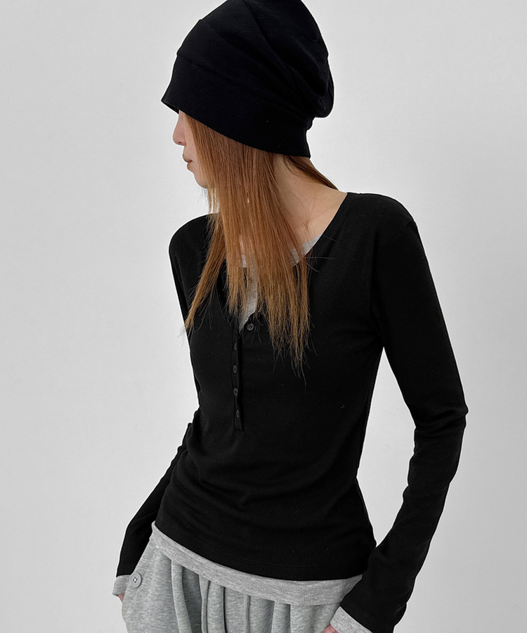 レイヤードヘンリーネック長袖Tシャツ BLACK