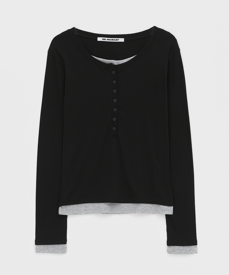 レイヤードヘンリーネック長袖Tシャツ