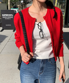 ソフトラウンドネックカーディガン RED