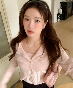 (キャミ＆カーディガンセット♥) リブ編みパンチングニットカーディガンセット PINK