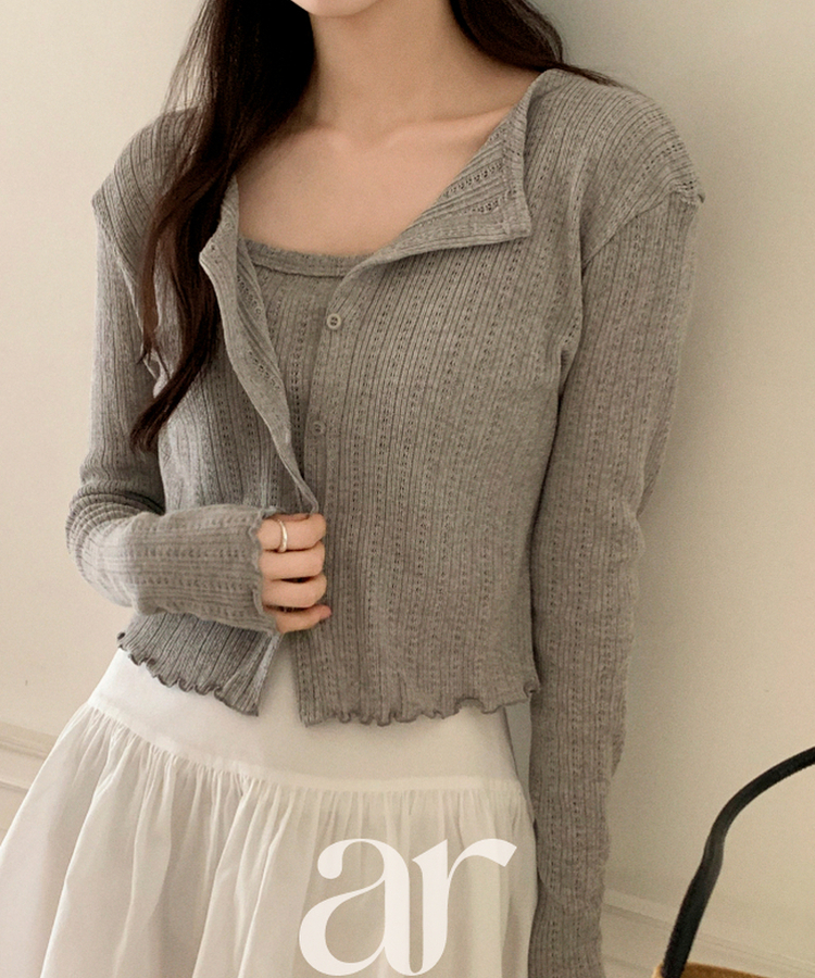 (キャミ＆カーディガンセット♥) リブ編みパンチングニットカーディガンセット GRAY