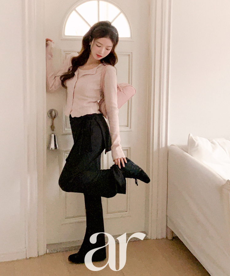 (キャミ＆カーディガンセット♥) リブ編みパンチングニットカーディガンセット PINK