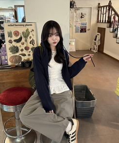 【✔기획】스카시 펀칭 후드 가디건 네이비
