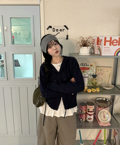 【✔기획】스카시 펀칭 후드 가디건 네이비