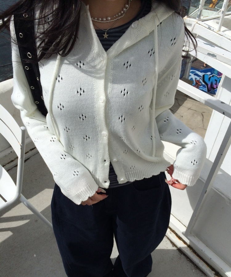 【✔기획】스카시 펀칭 후드 가디건 아이보리