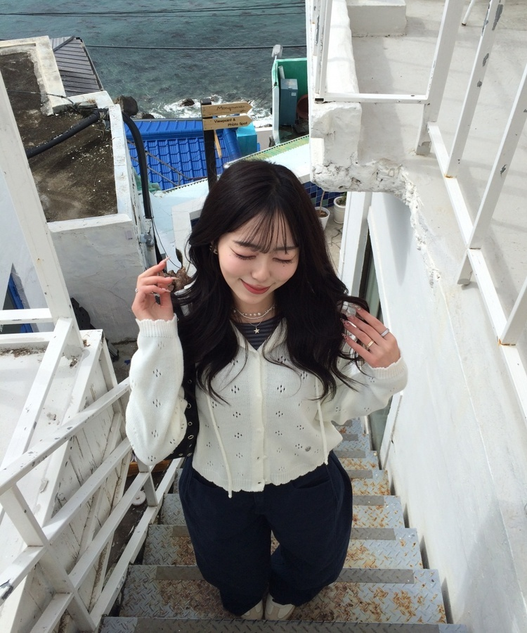 【✔기획】스카시 펀칭 후드 가디건 아이보리