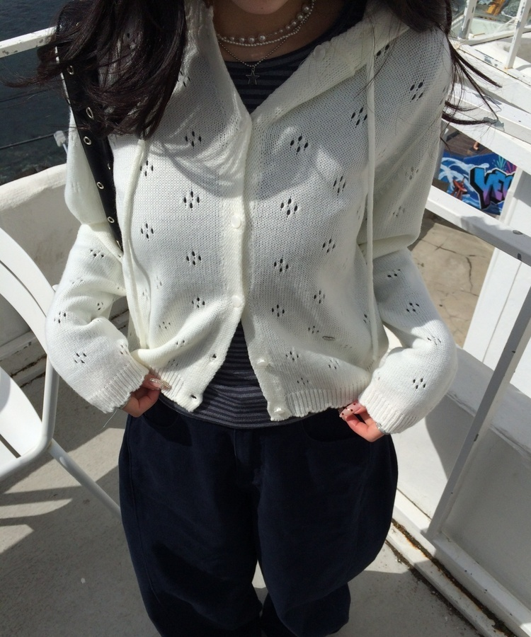【✔기획】스카시 펀칭 후드 가디건 아이보리