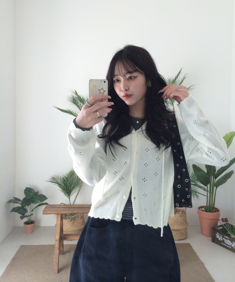 【✔기획】스카시 펀칭 후드 가디건 아이보리