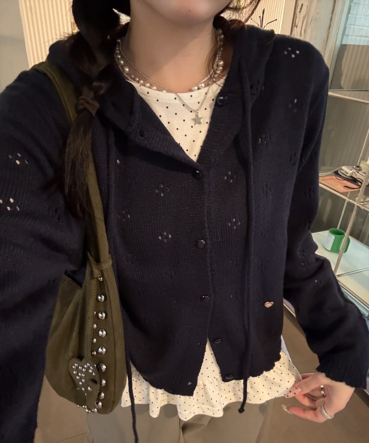 【✔기획】스카시 펀칭 후드 가디건 네이비