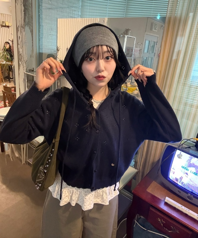 【✔기획】스카시 펀칭 후드 가디건 네이비