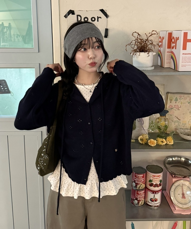 【✔기획】스카시 펀칭 후드 가디건 네이비